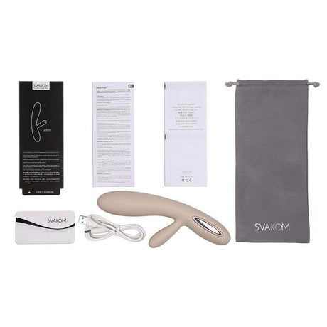 Svakom Lester Rechargeable Warming Rabbit Vibrator Khaki with packaging and accessories laid out on a surface.