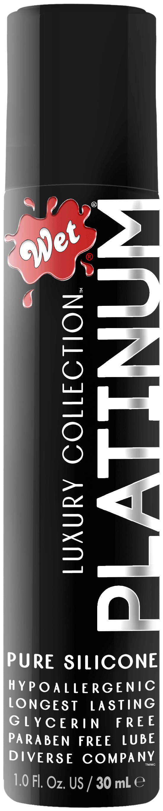 Wet Platinum Luxury Silicone Lubricant 1 Oz bottle with sleek design, featuring hypoallergenic and long-lasting properties.