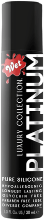 Wet Platinum Luxury Silicone Lubricant 1 Oz bottle with sleek design, featuring hypoallergenic and long-lasting properties.