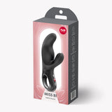 Fun Factory Miss Bi Rabbit Vibrator Black in its elegant packaging with details highlighted.