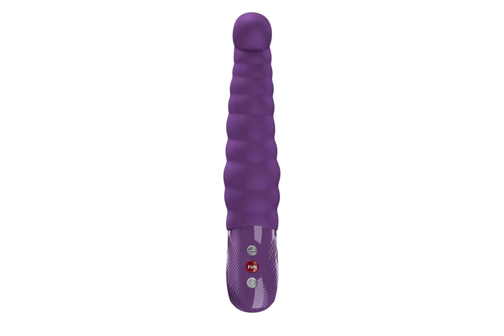 Fun Factory Patchy Paul G-Spot Vibrator Dark Violet with curved tip and ribbed shaft for enhanced pleasure.