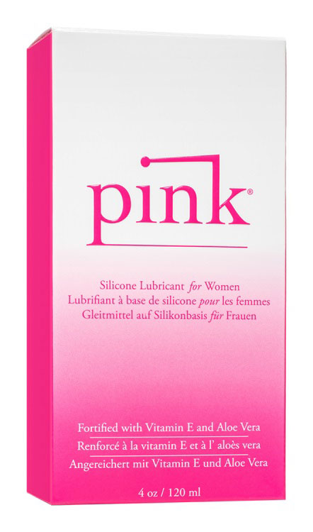 Pink Silicone Lubricant for Women 4 Oz Glass Bottle packaging with Vitamin E and Aloe Vera benefits.