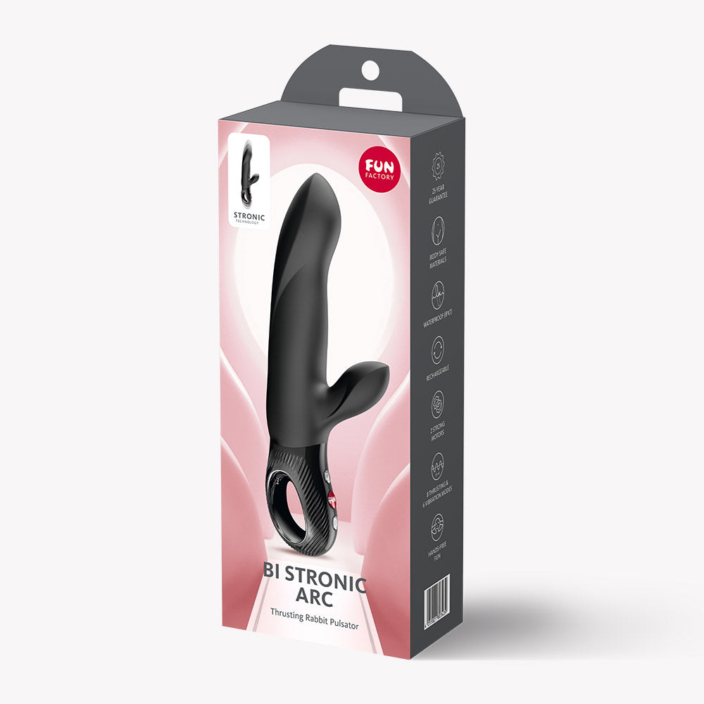 Fun Factory Bi Stronic Arc Vibrator Black packaging design showcasing ergonomic features and thrusting action.