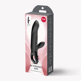 Fun Factory Bi Stronic Arc Vibrator Black packaging design showcasing ergonomic features and thrusting action.