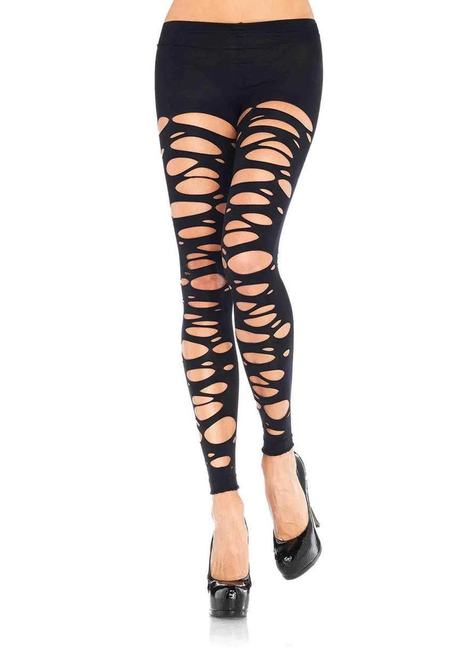 Leg Avenue Posy Tattered Footless Tights Black One Size featuring bold cutouts and footless design.