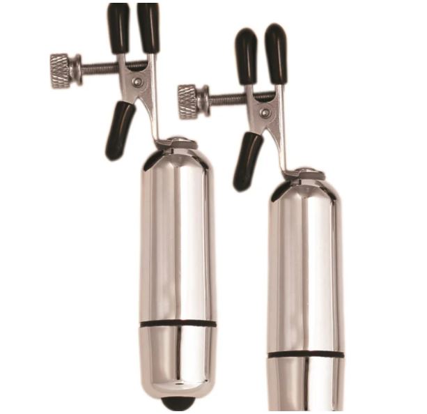 Kink Collection Vibrating Nipple Clamps Silver with adjustable grips for customized stimulation.