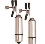 Kink Collection Vibrating Nipple Clamps Silver with adjustable grips for customized stimulation.