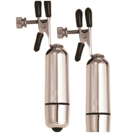 Kink Collection Vibrating Nipple Clamps Silver with adjustable grips for customized stimulation.