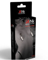 Kink Collection Vibrating Nipple Clamps Silver packaging featuring nipple play series with bullet clamps.