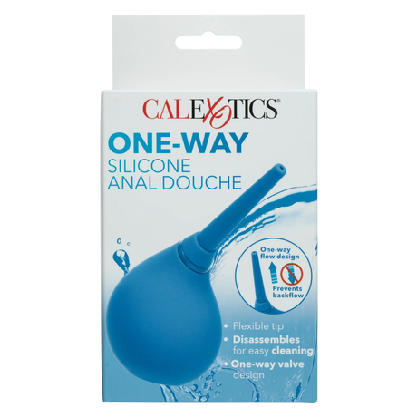 CalExotics One-Way Silicone Anal Douche Blue packaging featuring a flexible tip and one-way valve design.