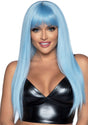 Leg Avenue 24 Inch Long Straight Bang Wig Blue model showcasing sleek straight blue hair and face-framing bangs.