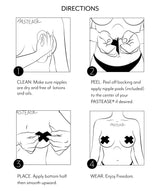 Directions for using Pastease Sweety Heart Nipple Pasties Black, showing application steps for proper use.