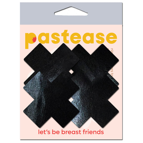 Pastease Petite Plus X Faux Latex Black Cross Pasties packaged with bold black cross shapes, perfect for festivals and themed parties.