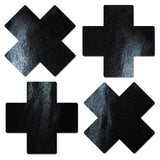 Pastease Petite Plus X Faux Latex Black Cross Pasties displayed in a set of four on a white background.
