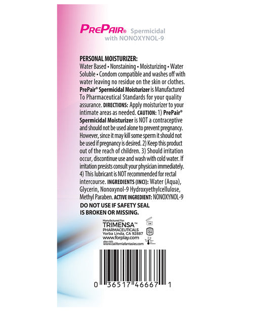 PrePair Spermicidal Water-Based Lube 4.5 Oz product label with ingredients and usage instructions.