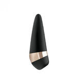 Satisfyer Pro 3+ Air Pulse Clitoral Vibrator Black, sleek design with a conical head and gold accent.