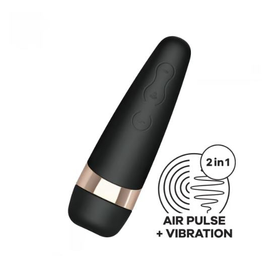 Satisfyer Pro 3+ Air Pulse Clitoral Vibrator Black with air pulse and vibration features.