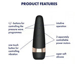 Satisfyer Pro 3+ Air Pulse Clitoral Vibrator Black product features, intuitive operation, soft silicone, dual motors