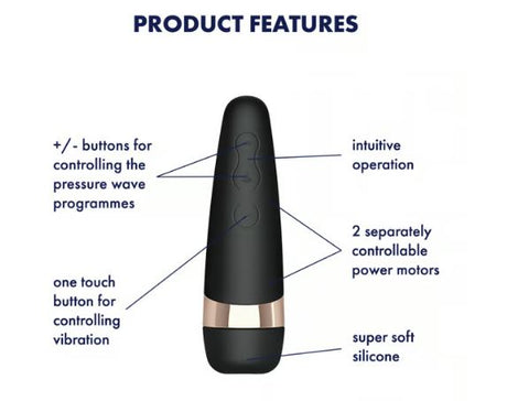 Satisfyer Pro 3+ Air Pulse Clitoral Vibrator Black product features, intuitive operation, soft silicone, dual motors