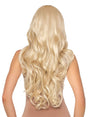 Leg Avenue 25 Inch Curtain Bang Wavy Wig Blonde viewed from the back showing long, flowing, wavy blonde hair.