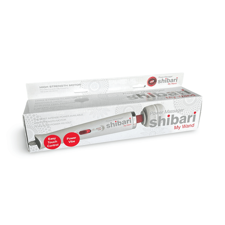 Shibari My Wand Power Massager packaging featuring high-strength motor and easy touch controls.