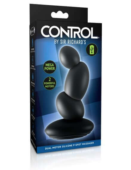 Control by Sir Richard's Dual Motor Silicone P-Spot Massager packaging, featuring waterproof design and powerful vibration.