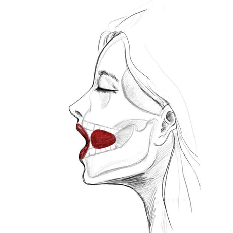 UPKO Luxury Silicone Invisible Mouth Gag with Italian Leather Straps illustration showing mouth restraint and tongue movement.
