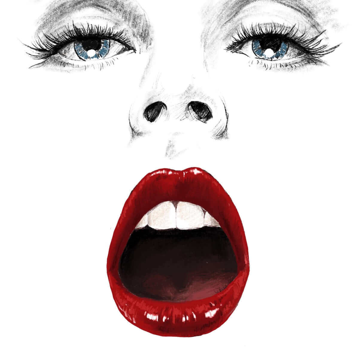 UPKO Luxury Silicone Invisible Mouth Gag with Italian Leather Straps illustration featuring an open mouth with red lips.