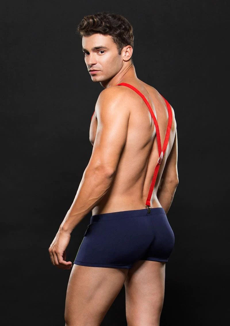 Envy Fireman Bottom With Suspenders L/XL Navy Blue Red showcased on a model from the back, highlighting suspenders and trunks.