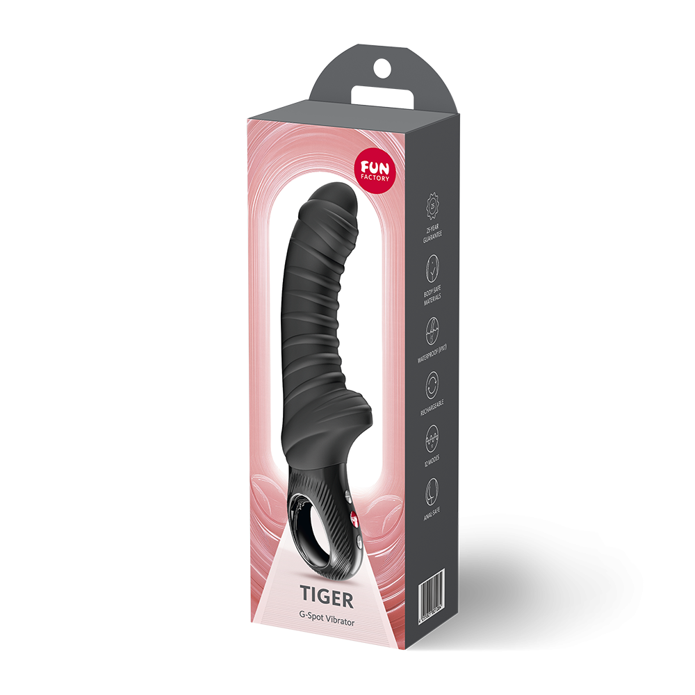 Fun Factory Tiger G-Spot Vibrator Black in packaging showcasing its ergonomic design and features.