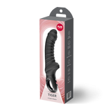 Fun Factory Tiger G-Spot Vibrator Black in packaging showcasing its ergonomic design and features.