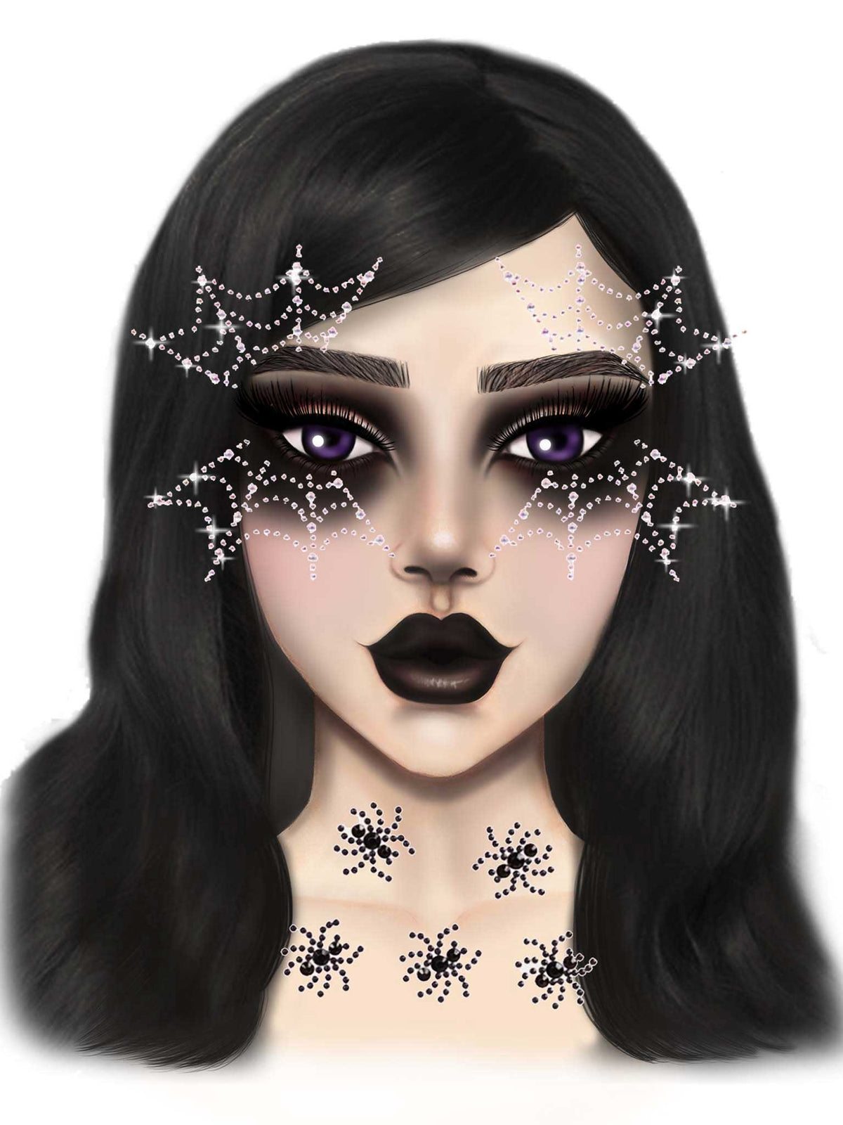 Leg Avenue Spider Web Face Jewels Sticker designed on a model with spider web and spider motifs for Halloween decoration.