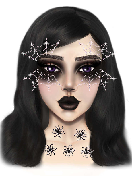 Leg Avenue Spider Web Face Jewels Sticker designed on a model with spider web and spider motifs for Halloween decoration.
