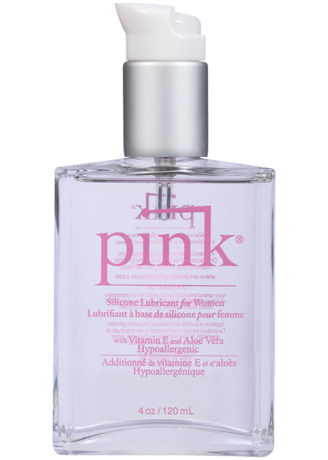 Pink Silicone Lubricant for Women 4 Oz Glass Bottle, premium silicone-based formula for a smooth, non-sticky experience.