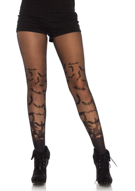 Leg Avenue Bat Wing Sheer Tights Black One Size featuring a bat motif on sheer black tights, perfect for Halloween.