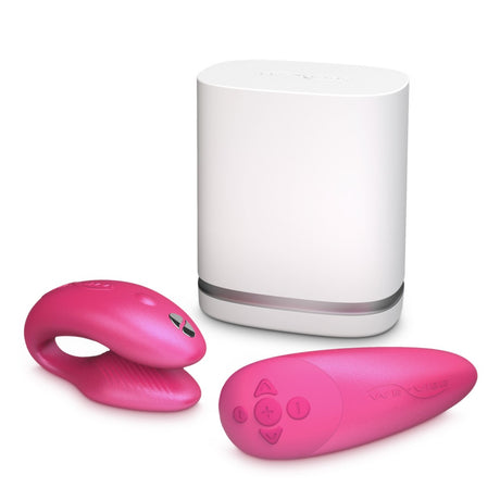We-Vibe Chorus Couples Vibrator Cosmic Pink with remote and charging case for enhanced intimacy.