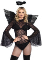 Leg Avenue 2 Piece Angel Accessory Kit Black model showcasing black feather wings and halo headband for a dark angel look.