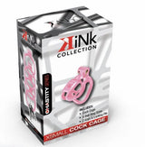 Kink Chastity Series Locking Cock Cage XS Pink packaging with details and components.